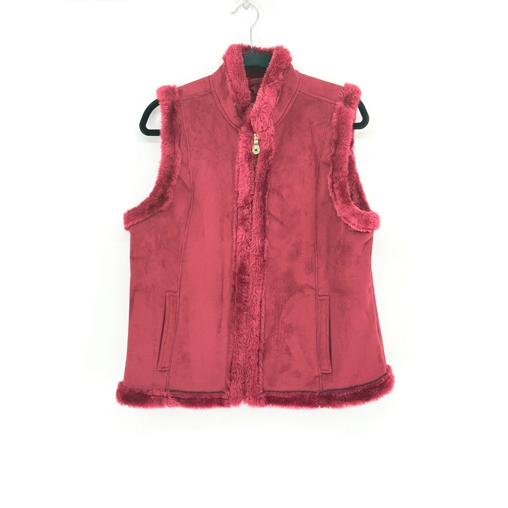 Burgundy Red Faux Suede Fur Lined Trimmed Penny Lane Zip Up Vest Women Size L